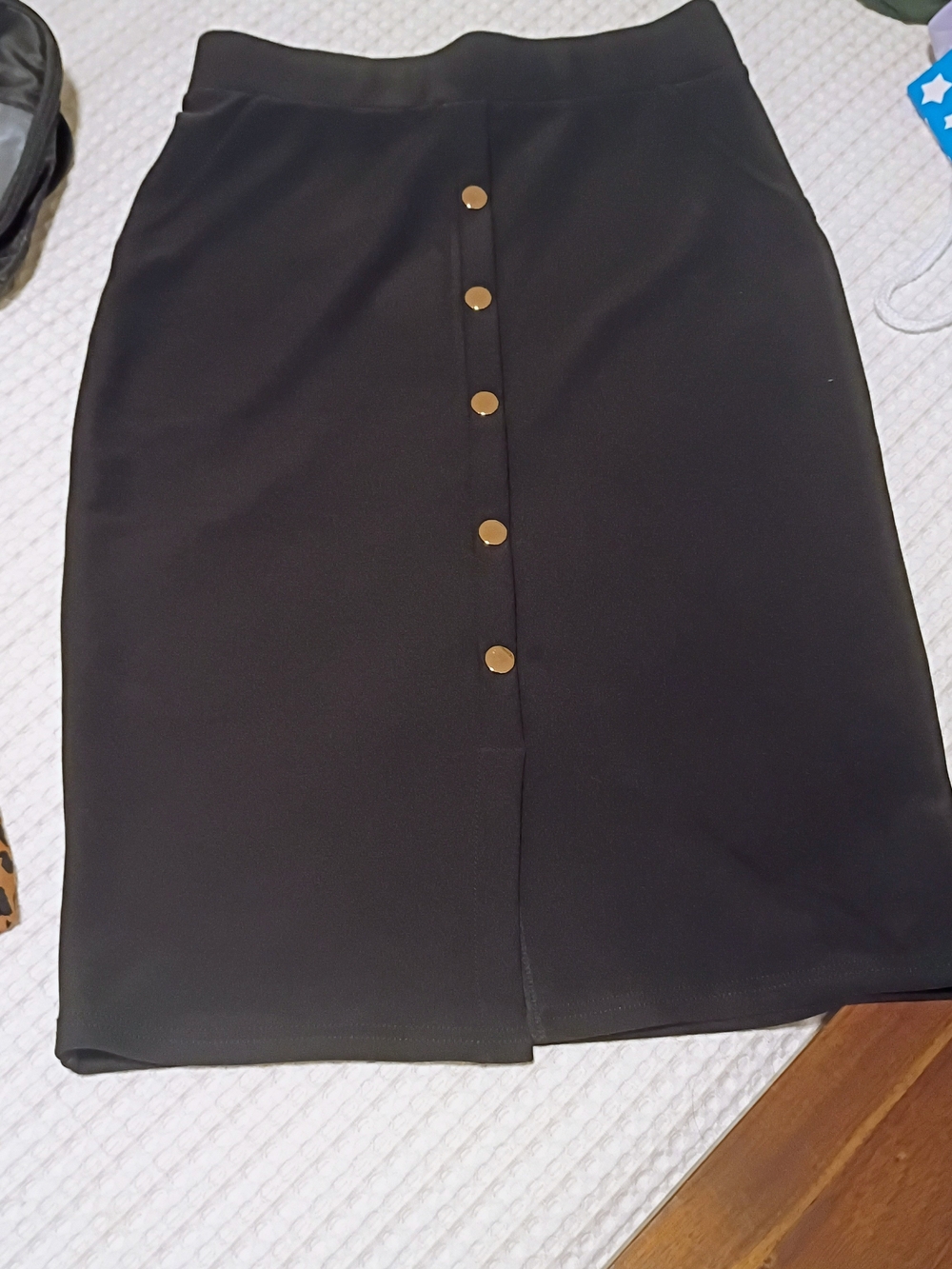 Black Pencil Skirt with Gold Button Detail
